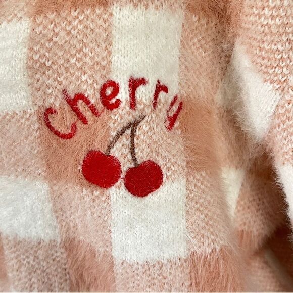 Harry’s Hidden Angels Cherry Fuzzy Cropped Cardigan Sweater Peach XL Gingham - Picture 7 of 11